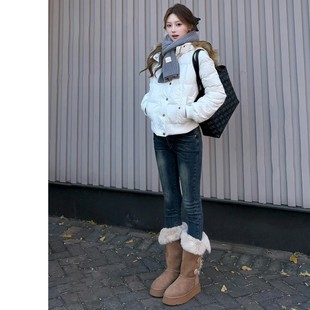 水泥灰加绒紧身牛仔裤女秋冬高腰修身显瘦配靴子小脚铅笔裤靴裤