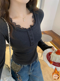 灰色蕾丝花边磨毛加绒打底衫女皮草内搭秋冬设计感亨利衫修身上衣