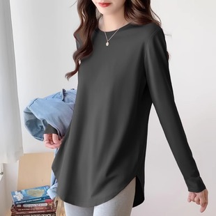 中长款黑色长袖t恤女春秋宽松内搭打底衫遮屁股鲨鱼裤搭配的上衣