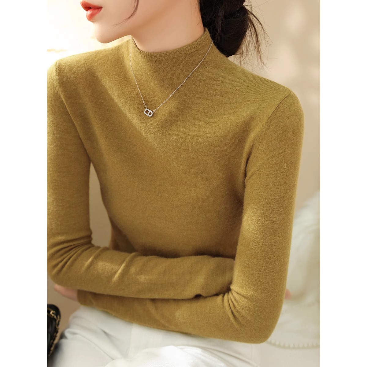 秋冬半高领针织衫女款修身毛衣内搭套头打底衫黄色上衣1122z