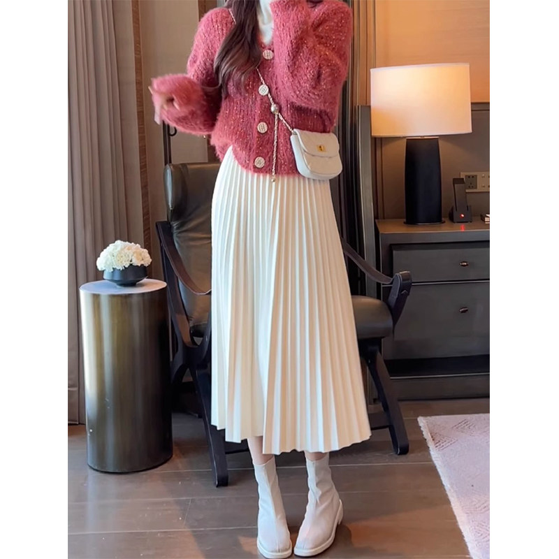 加厚毛呢白色半身裙女秋冬高腰显瘦a字裙气质百褶裙中长款伞裙