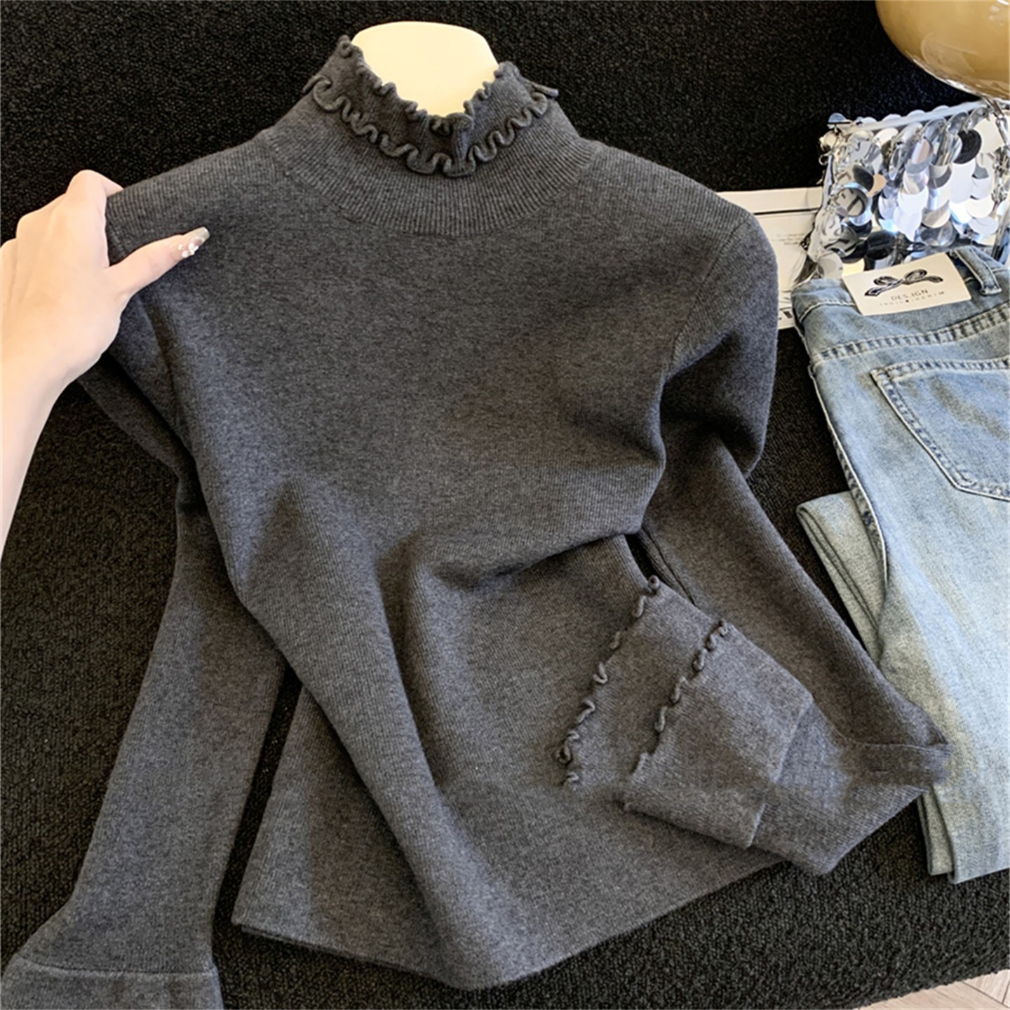 秋冬花边高领灰色针织打底衫毛衣女季新款修身内搭可外穿针1129u
