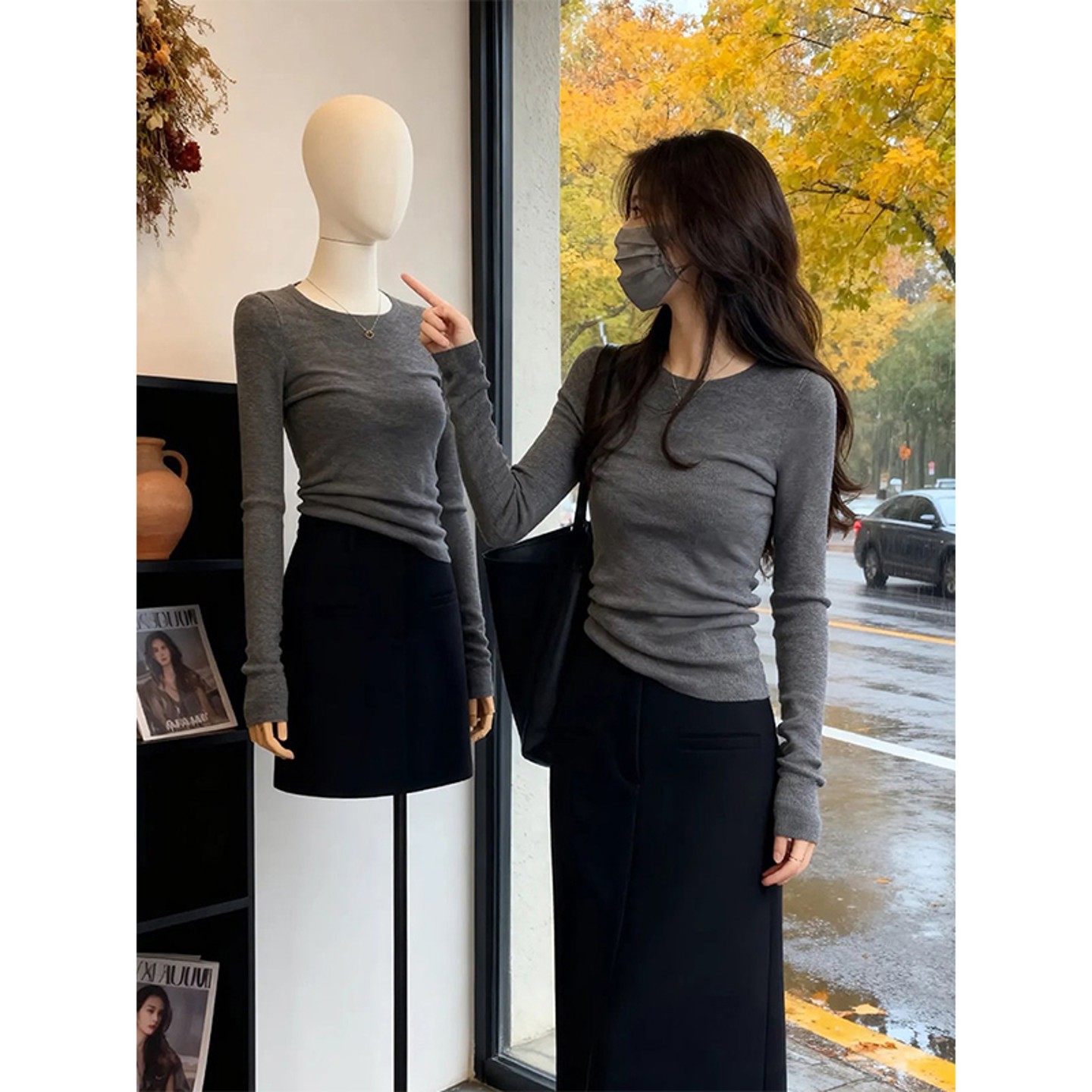 韩系灰色针织打底衫女秋冬新款内搭修身长袖T恤显瘦软糯圆领上衣