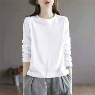 白色纯棉长袖T恤女秋冬季新款宽松内搭打底衫显瘦圆领基础款上衣