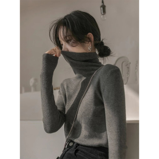 上衣1010c 弹毛衣洋气内搭堆堆领针织衫 深灰色高领打底衫 女冬修身