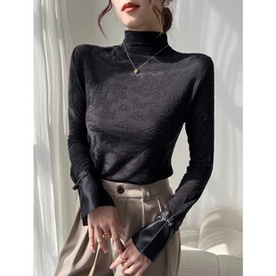 新中式国风黑色半高领打底衫女2025春秋内搭打底衫提花小衫上衣
