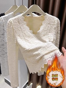 低领蕾丝打底衫女内搭秋冬季加绒加厚交叉V领高级感短款网纱上衣