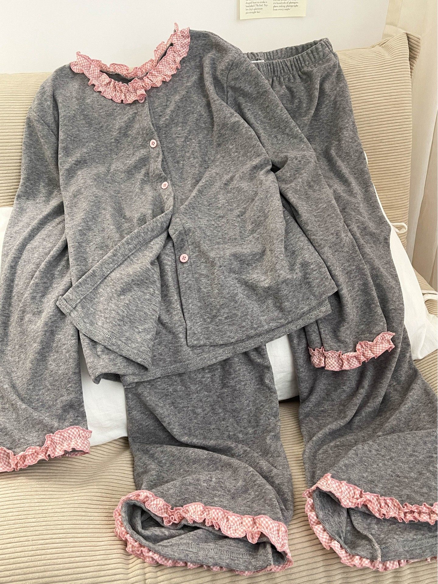 双面德绒睡衣女秋冬季新款甜美拼接荷叶边长袖长裤格子家居服套装,女士内衣/男士内衣/家居服,睡衣/家居服套装,淘宝优惠券,粉丝福利购,淘宝优惠卷