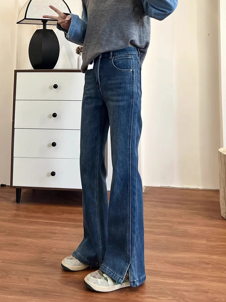 覆古蓝开叉微喇牛仔裤女春秋新款高腰直筒显瘦小个子百搭喇叭裤