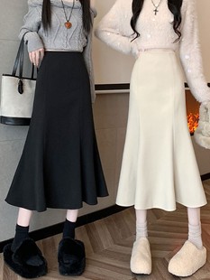 黑色毛呢鱼尾裙半身裙女秋冬高腰修身a字裙小个子中长款包臀裙