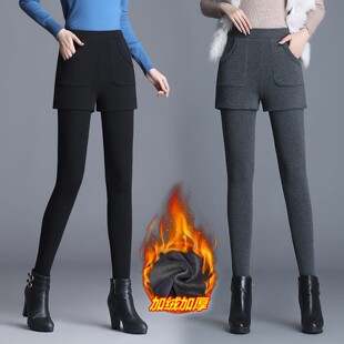 加绒加厚假两件打底裤女冬季显瘦裙裤小脚裤靴裤高腰保暖连裤袜