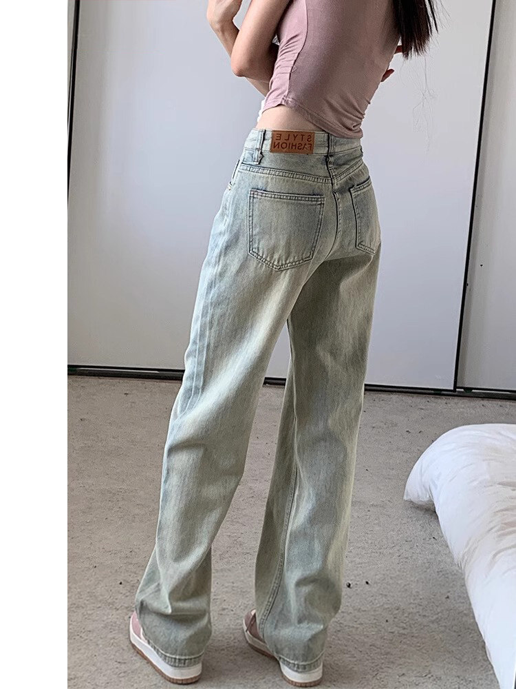 美式浅色窄版阔腿牛仔裤女春秋新款高腰垂感小个子长裤覆古直筒裤