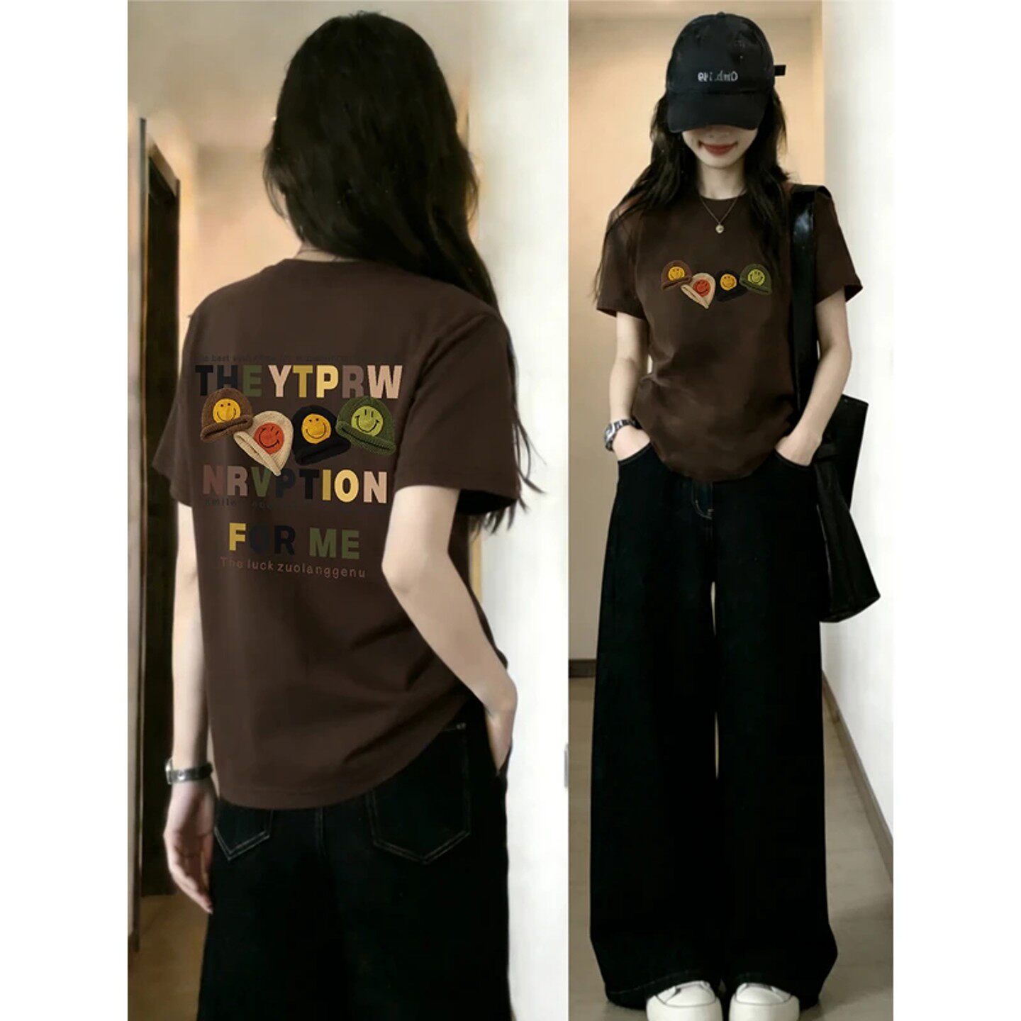 欧货高品质棕色正肩短袖T恤女2026新款夏季爆款纯棉印花体恤上衣