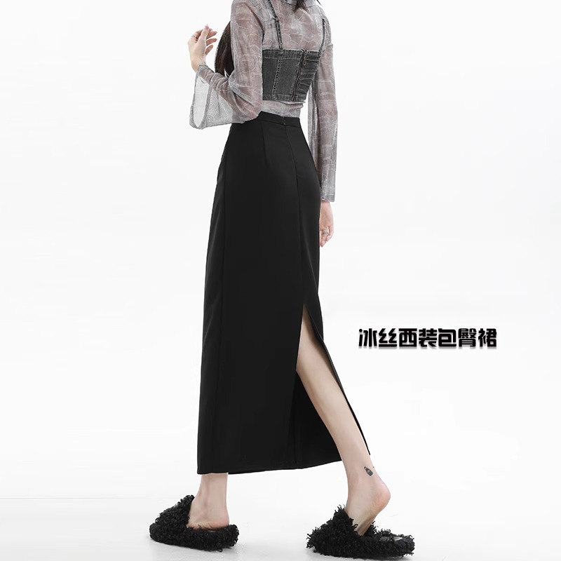 黑色西装半身裙女夏季薄款高腰开叉直筒裙高端品牌中长版包臀裙子