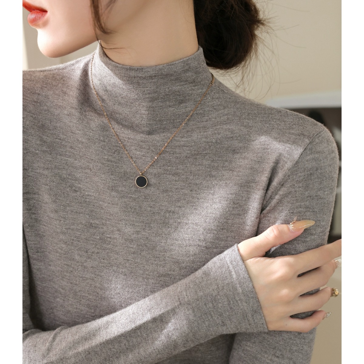 法式灰色半高领毛衣打底衫女秋冬加厚修身显瘦长袖针织衫1028r