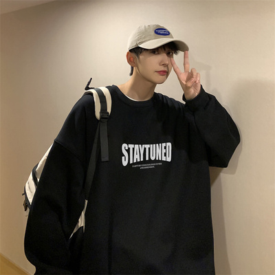 纯棉圆领重磅加绒加厚男韩版长袖卫衣无帽美式港风潮牌宽松情侣装