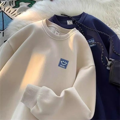 白灰色重磅纯棉卫衣秋冬男款青少年初中生高中生潮流加绒圆领无帽