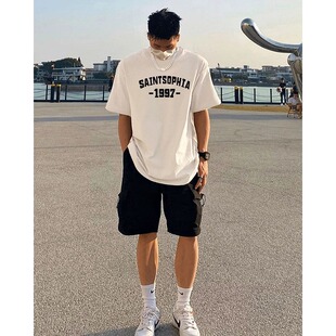 经典 t恤夏宽松休闲白色纯棉打底衫 潮牌夏季 短袖 新款 重磅字母男款