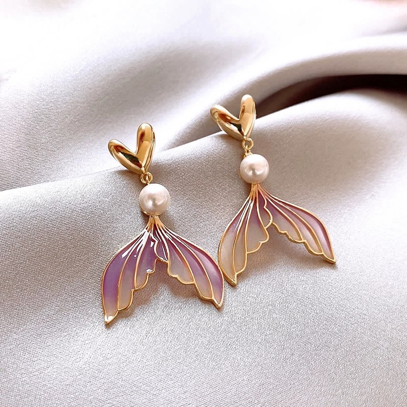 夏日渐变鱼尾耳环珍珠耳钉女2025新款爆款高级感小众独特长款耳饰