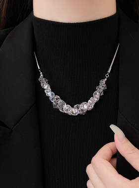银色夸张水晶毛衣项链女2025