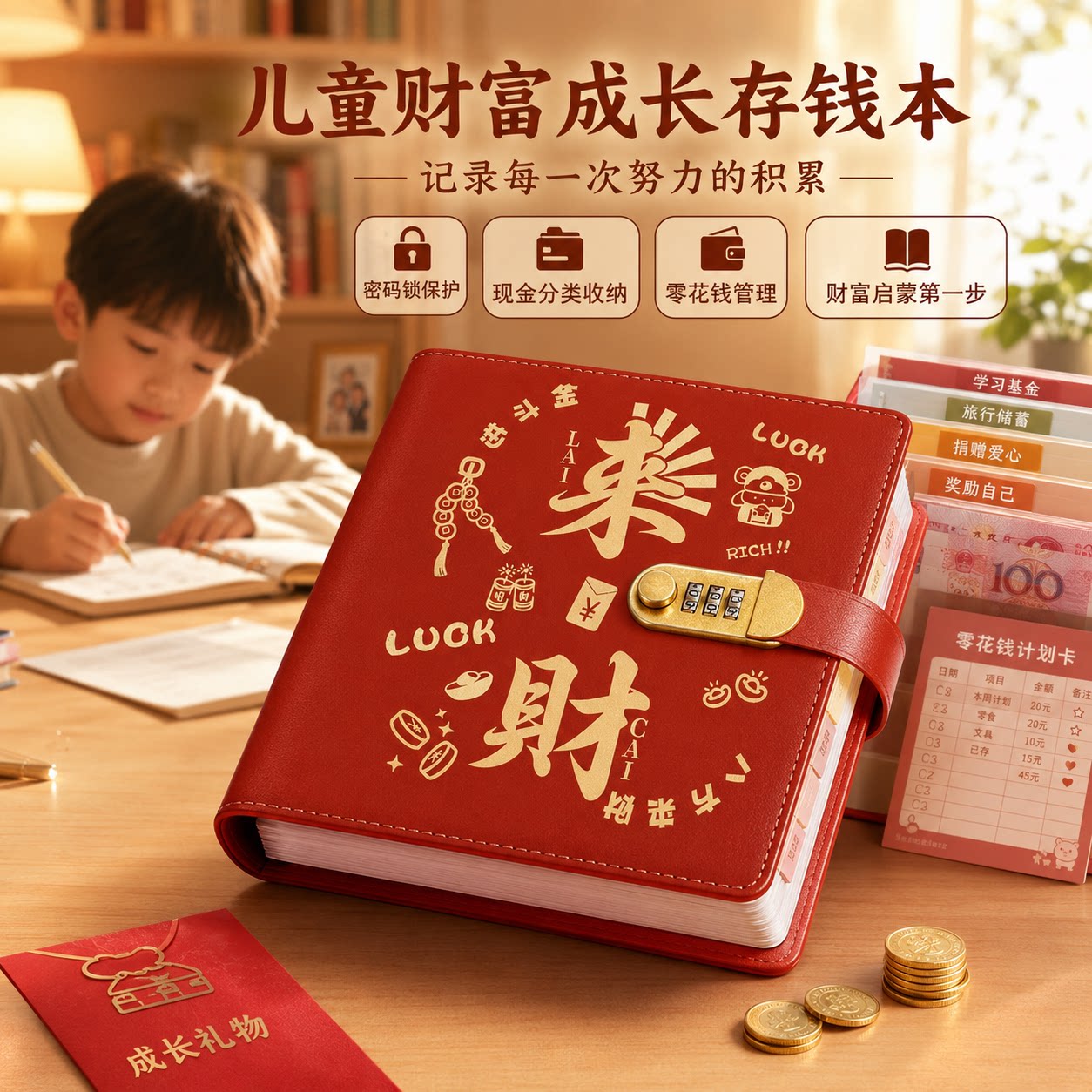 儿童理财现金存钱本2026新款密码锁存钱夹钱册可放钞票钱包大容量收纳册袋人民币纸币收藏册5万划网红记账本图片