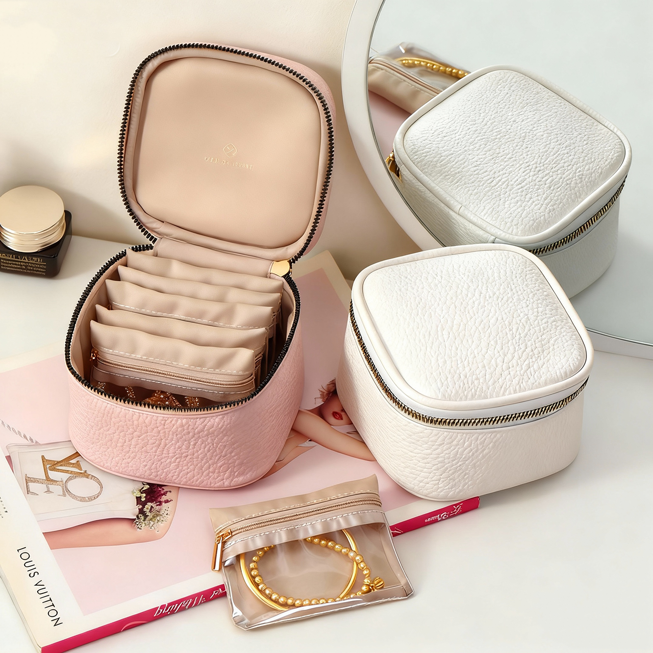 轻奢皮革首饰盒项链戒指耳环防氧化便携式女士黄金珠宝绒布收纳包