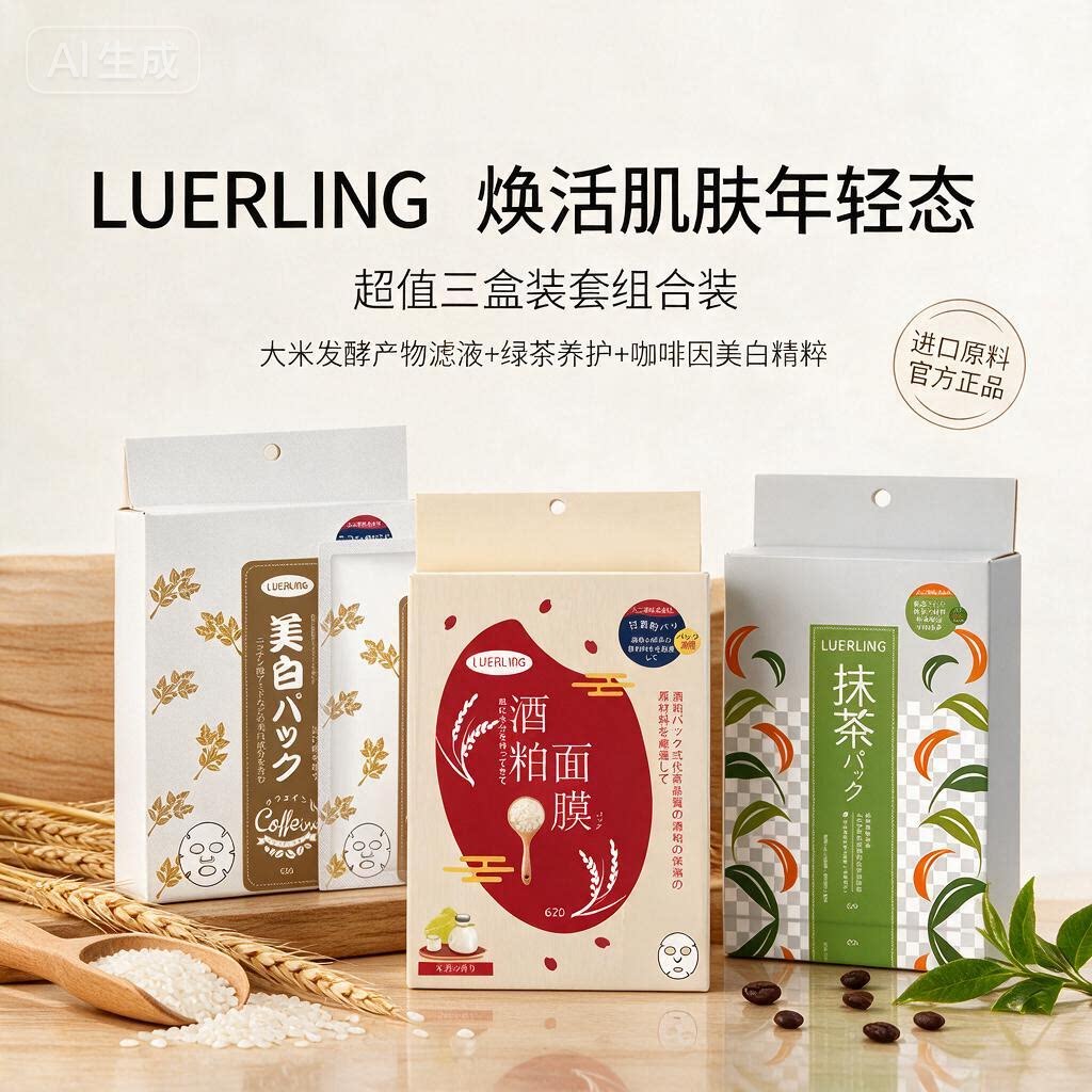 LUERLING酒粕抹茶咖啡因三合一30片套装补水保湿去黄面膜祛斑美白