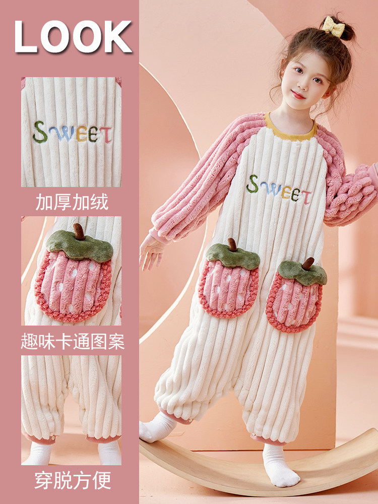 CHILDRENS PAJAMAS GIRLS AUTUMN WINTER 2024 NEW STRAWBERRY ANTI-COLD ONE-PIECE WOMENS SLEEPING BAG GIRLS LOUNGEWEAR MEN