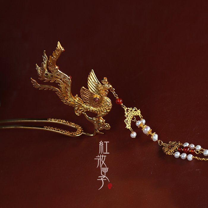 红妆匣子《凤卿》古风红玛瑙流苏凤簪双面金凤步摇古装汉服配饰