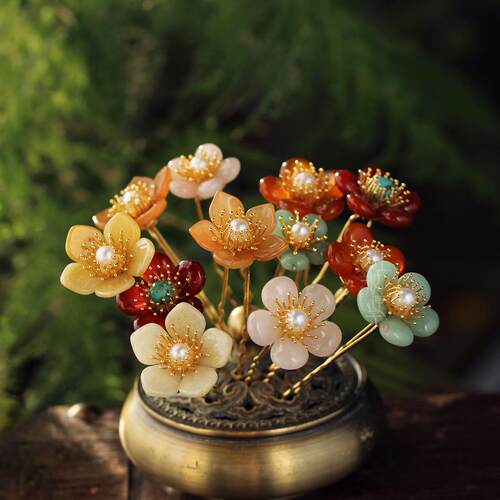 百搭多色玉石花簪点缀小花钗