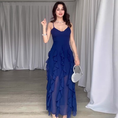Women casual ruffled skirt欧美纯欲风时尚荷叶边修身吊带裙