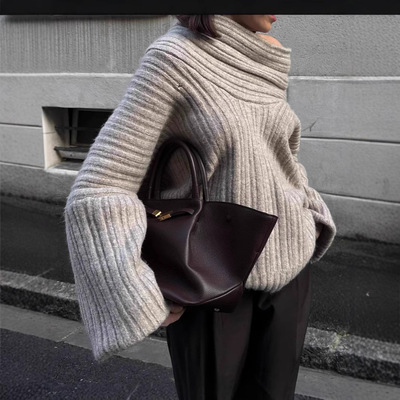 欧美一字领宽松休闲针织衫长袖毛衣One shoulder knitted