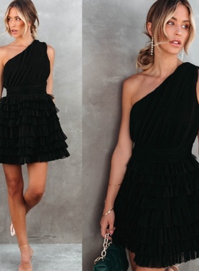 One shoulder party dress欧美性感一字肩褶皱下摆网眼布连衣裙