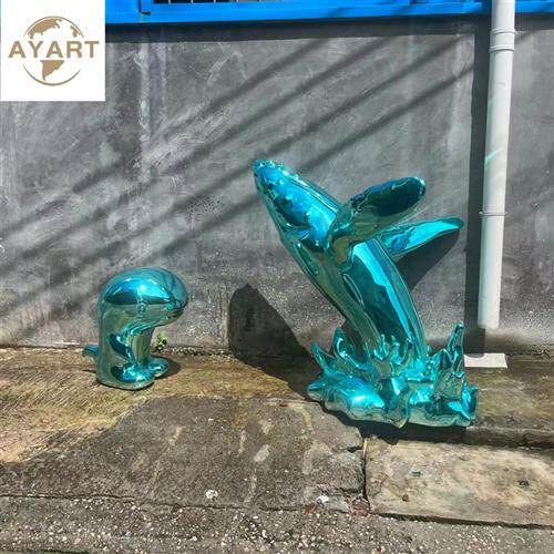 创意鲸鱼落地摆件海豚雕塑售楼处大堂酒店玻璃钢电镀美陈艺术装置