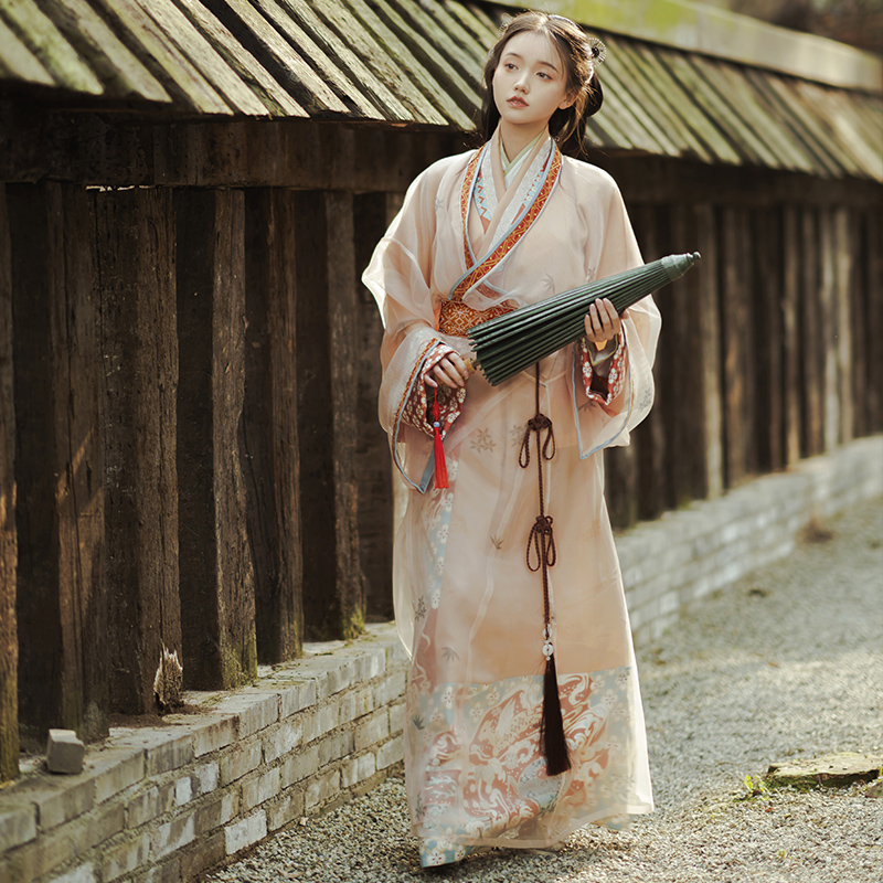 钟灵记樱吹雪:交领直裾腰带宫绦素纱单衣绣花女国风汉服春秋