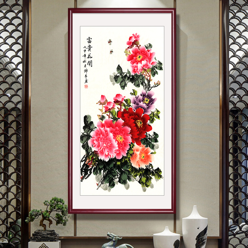 玄关花开富贵客厅入户装饰画牡丹花鸟挂画新中式茶室走廊酒店壁画图片