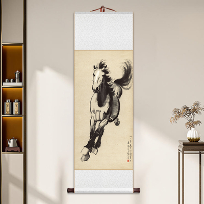 马到成功奔马图卷轴挂画