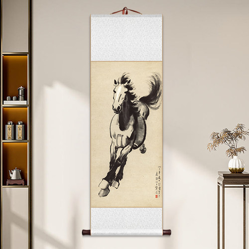 马到成功奔马图卷轴挂画