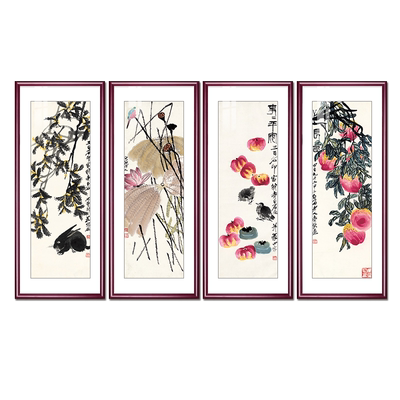 国画齐白石画四联寿桃餐厅水果画