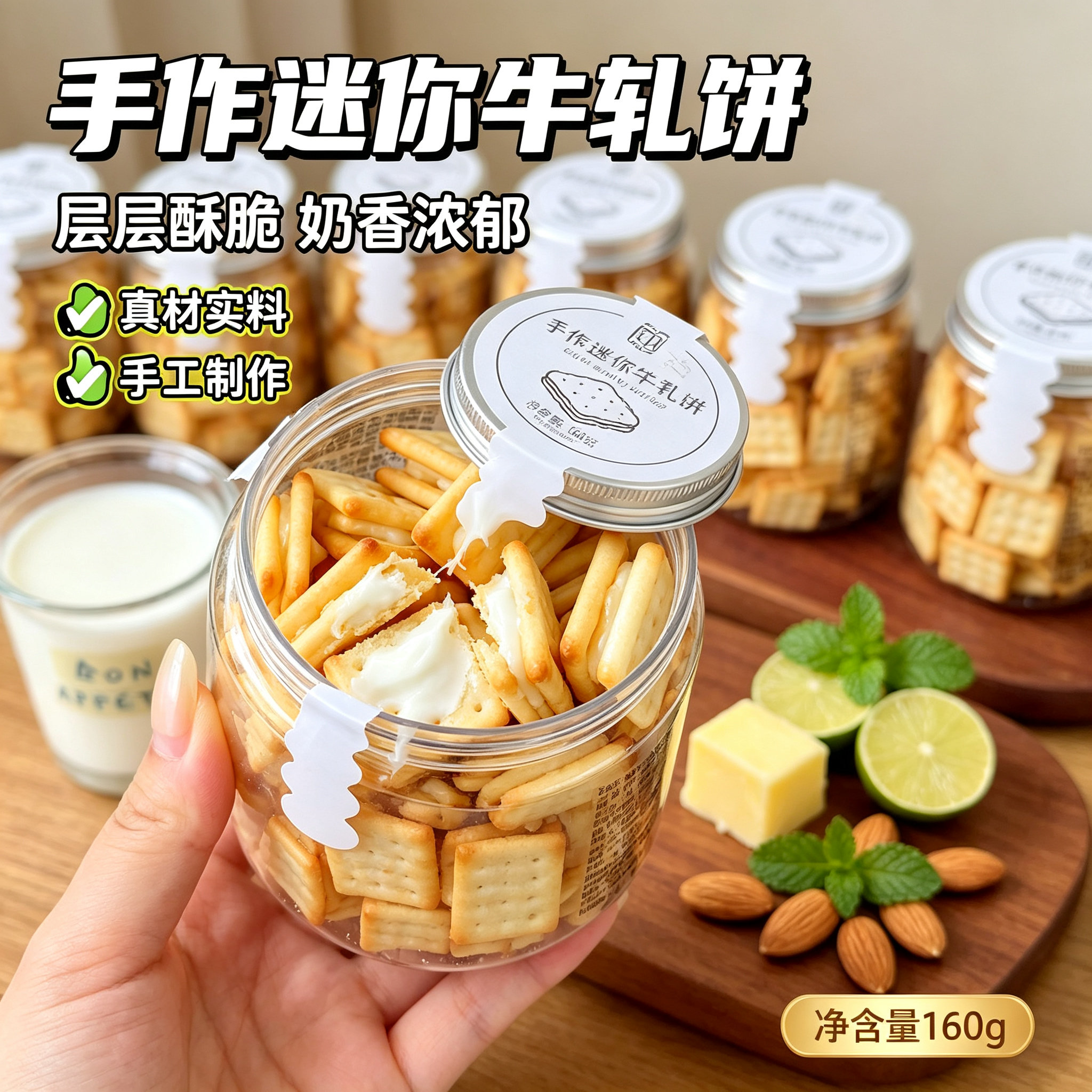 手作迷你牛轧饼罐装奶香夹心牛轧糖饼干手工酥脆网红休闲零食160g