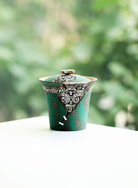土图覆古风格茶碗中国风粗陶茶具创意老岩泥湖绿粉铅浮雕图案盖碗