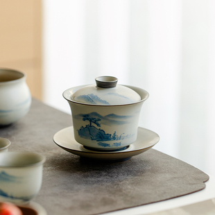 陶瓷盖碗茶杯家用简约纯手绘山水哑光釉泡茶器单个茶碗 拓土中式