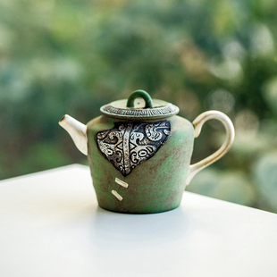 泡茶器家用小壶老岩泥浅绿浮雕饕餮纹茶壶 拓土复古单个泡茶壶中式