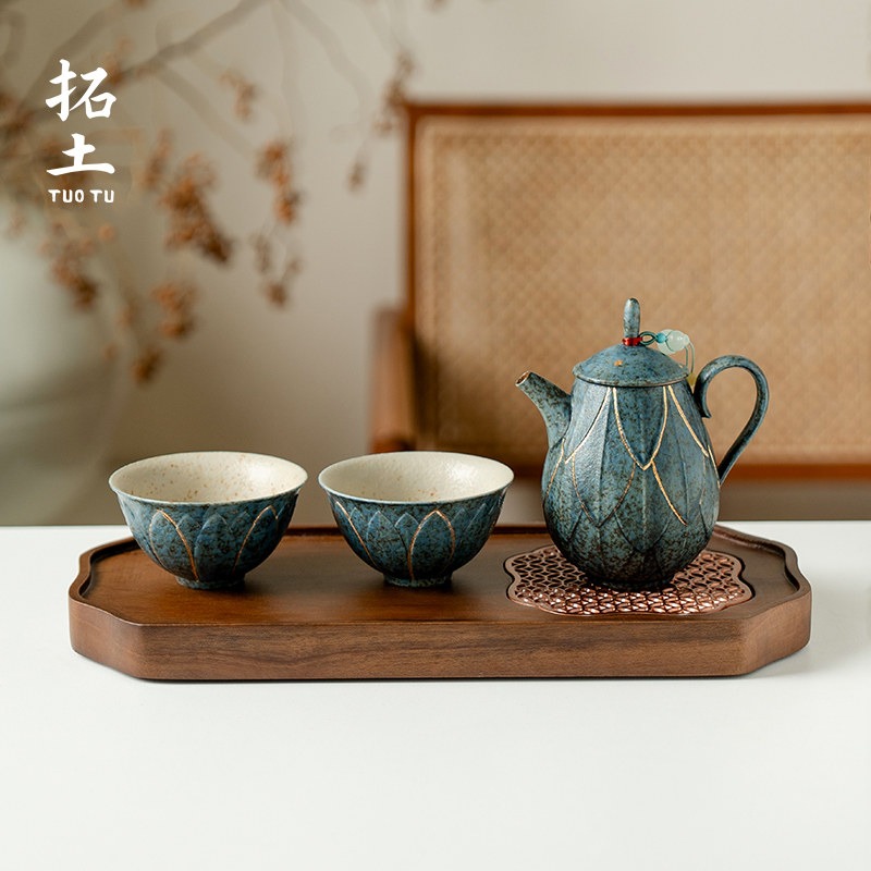 拓土青金蓝茶壶茶杯功夫茶具描金莲花一壶二杯整套茶具高档泡茶壶