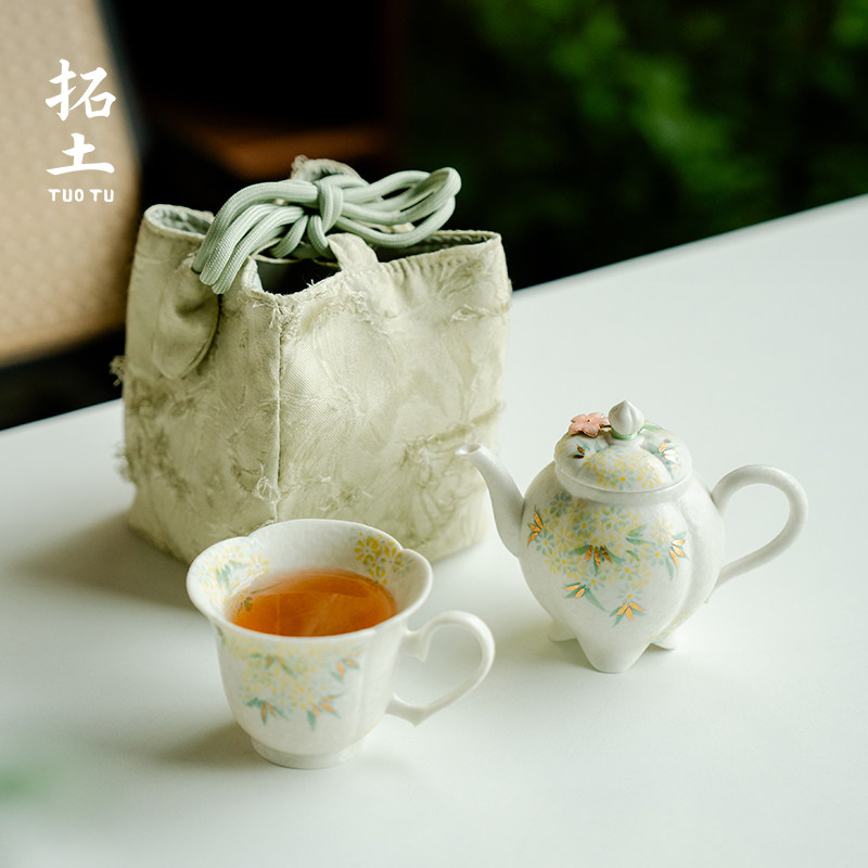 拓土旅行茶具岩矿白纯手绘小雏菊一壶一杯可携式出行茶壶茶杯套装