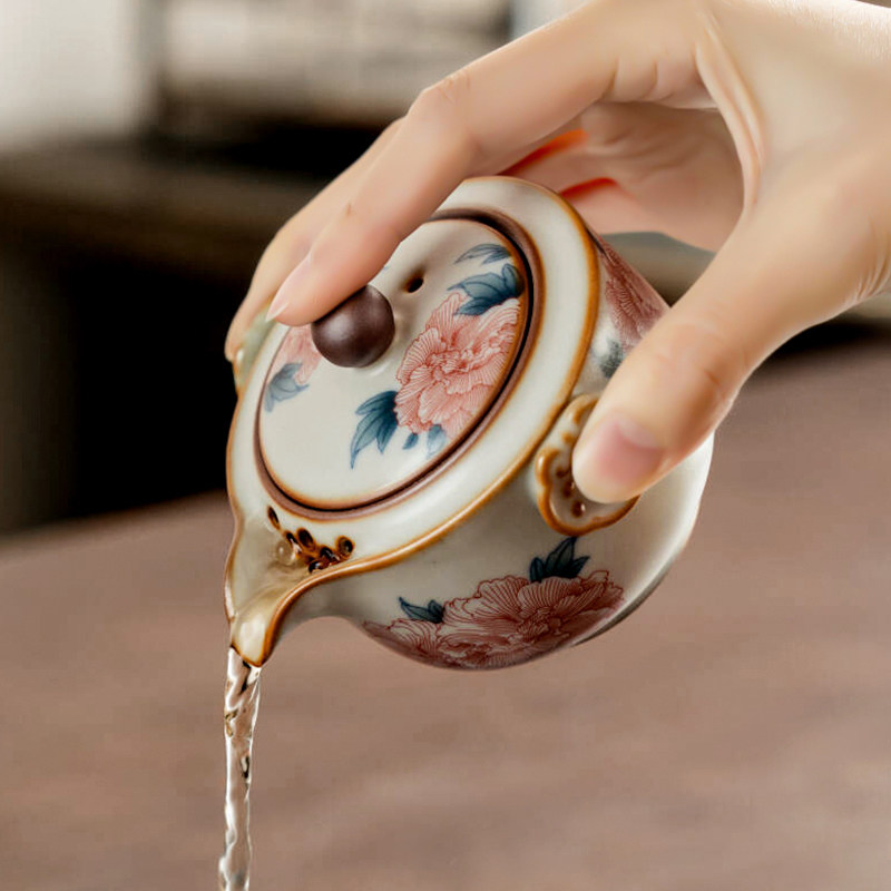 拓土汝窑芙蓉花手抓壶防烫陶瓷家用茶壶功夫茶具茶杯套装泡茶单壶