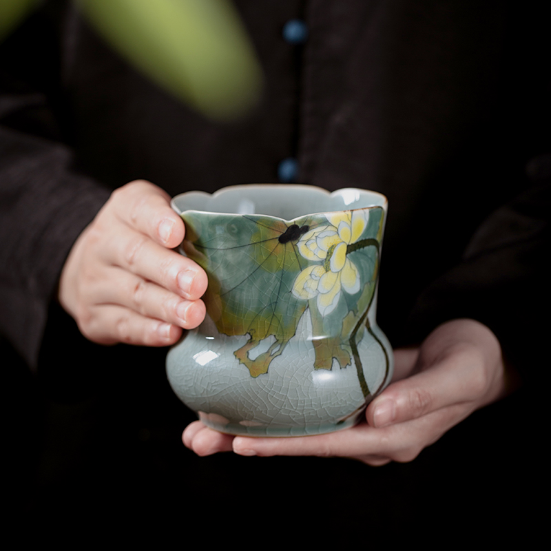 冰片釉纯手绘夏荷建水家用可养创意葵口陶瓷茶洗杯洗功夫茶具水孟