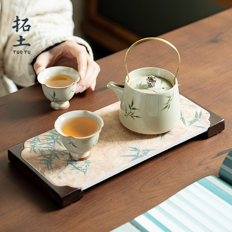 拓土陶瓷一壶二杯带吸水茶盘家用纯手绘筱竹茶壶茶杯功夫茶具套组