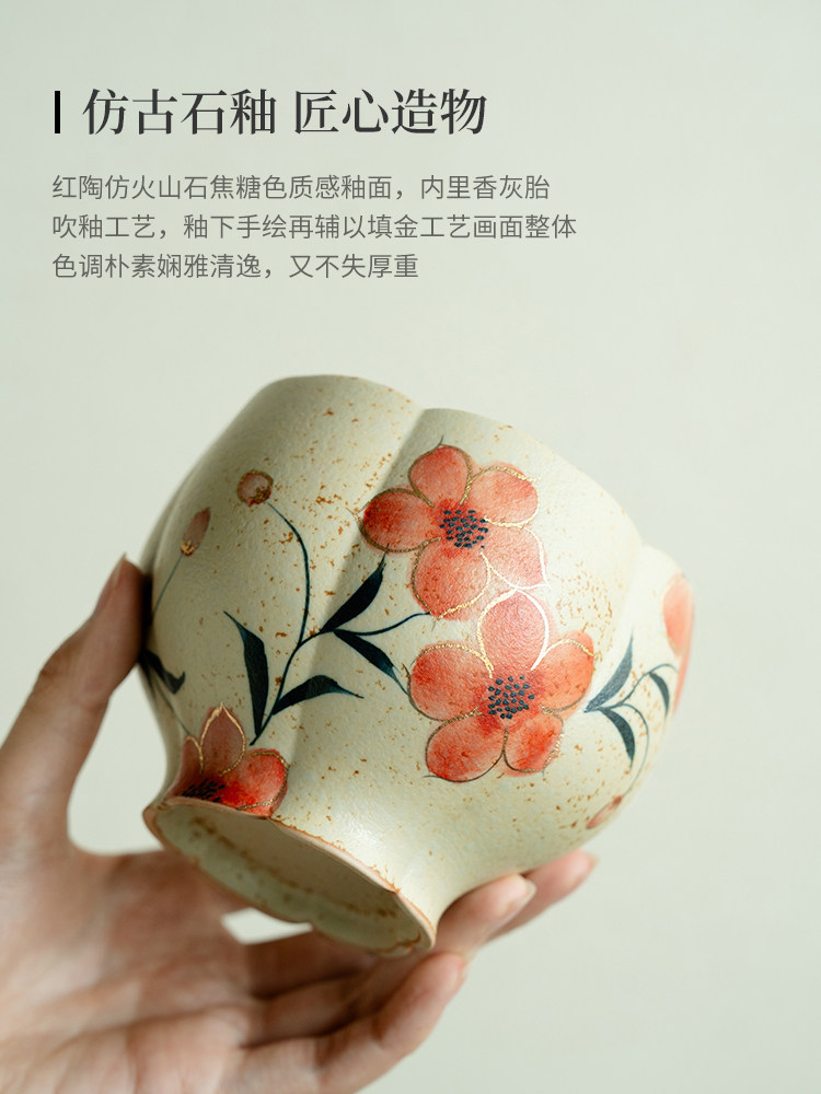 土涂蓝白火石红纯手绘桃花建水茶洗家用储水碗茶渣桶配件洗涤废水