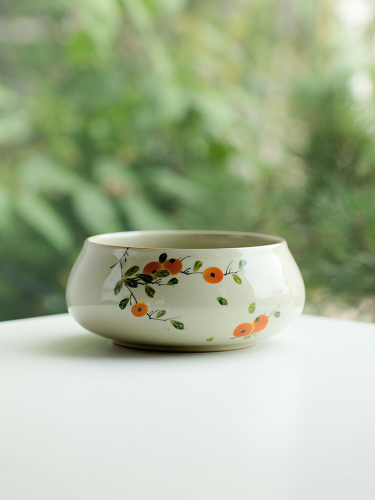 土图纯手绘柿子茶洗茶渣缸大水碗笔洗功夫茶具家用陶瓷杯洗中国风